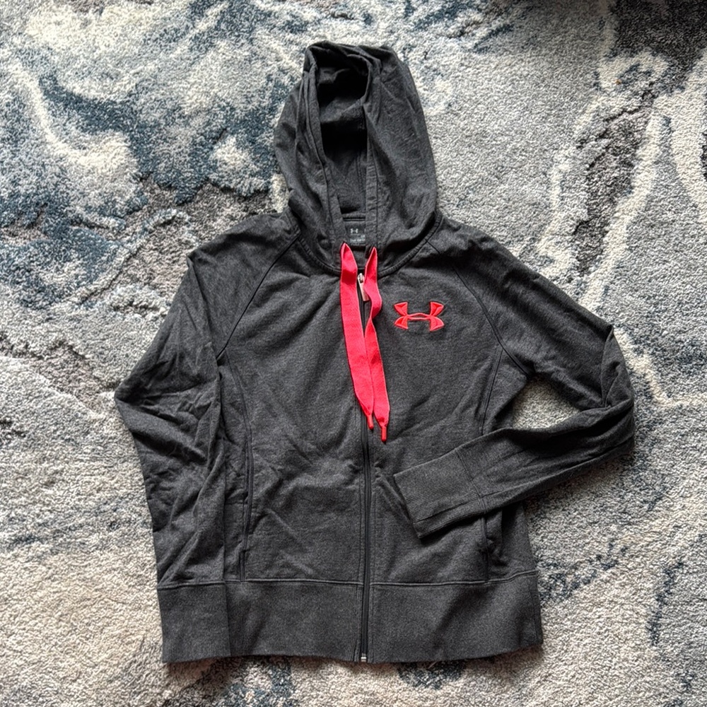 Under Armour Charcoal Zip Up Hoodie with Vibrant Coral Accents